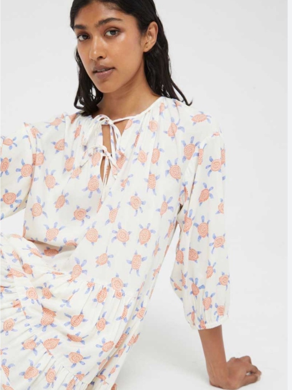 Floral Tie-Neck Mini Dress in White with Peach Print